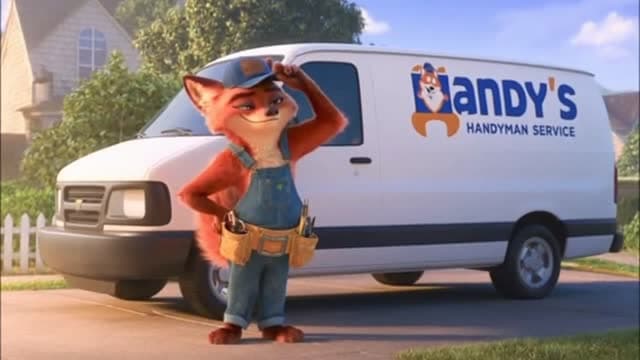 * **Style:** 3D Animation / Pixar-style (recommended for animal characters) or Realistic CGI. *Note: You should add your preferred style to the beginning of every prompt.*

---

### **Act 1: The Setup (0:00 - 0:56)**

**Clip 1 (0:00-0:08):**
> **Prompt:** Wide shot, sunny morning. An anthropomorphic red fox named Handy, wearing blue denim overalls and a leather tool belt, stands proudly in front of a white van labeled "Handy's Handyman Service." He adjusts his cap and smiles confidently. Cinematic lighting.
