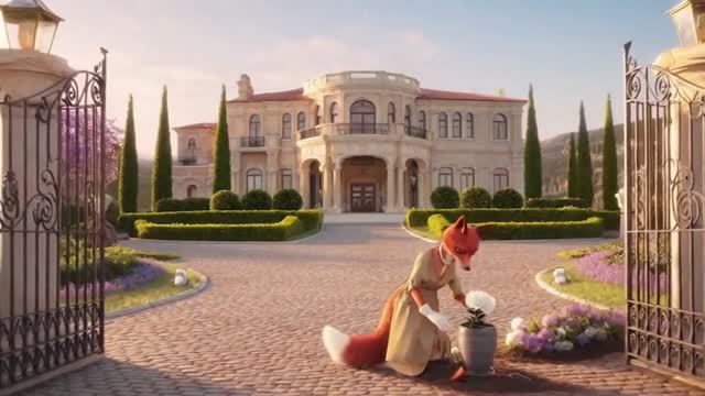 **Clip 3 (0:16-0:24):**
> **Prompt:** Establishing shot of a luxurious mansion on a hill with a golden gate. A sleek, elegant female fox named Kirsten, wearing a pearl necklace and a silk dress, is gardening in the front yard. High-end atmosphere.
