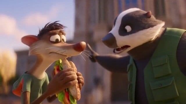 **Clip 5 (0:32-0:40):**
> **Prompt:** Close up. A skinny, jittery weasel named Larry is next to Fred. Larry looks confused and is trying to eat a sandwich while Fred points aggressively toward the mansion, explaining a plan.
