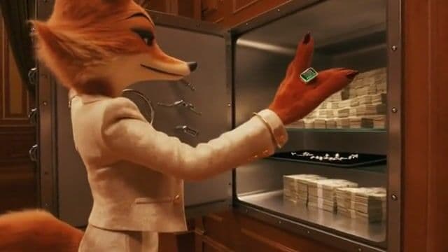 **Clip 6 (0:40-0:48):**
> **Prompt:** Interior shot, Mansion. Kirsten the rich fox opens a large steel wall safe. Inside are stacks of cash and sparkling diamond jewelry. She looks satisfied and closes the safe.
