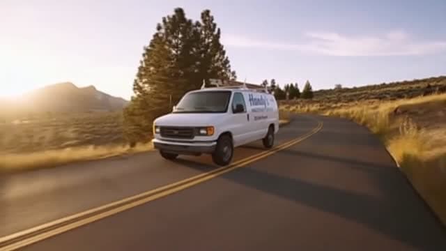 **Clip 7 (0:48-0:56):**
> **Prompt:** Street view. The "Handy's Handyman Service" van drives down a winding road toward the mansion. The sun glints off the windshield.
