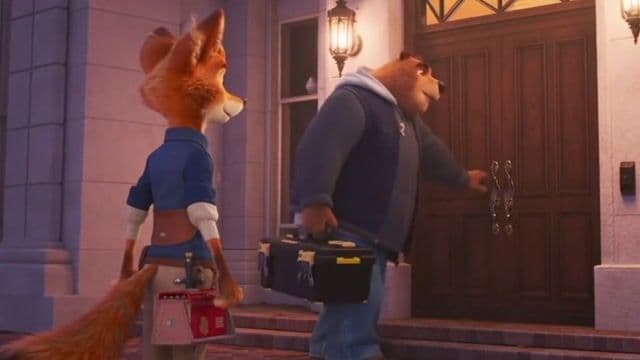 **Clip 9 (1:04-1:12):**
> **Prompt:** Front Door Mansion. Handy the fox and Sylis the bear are standing at the front door holding toolboxes. Handy rings the doorbell.
