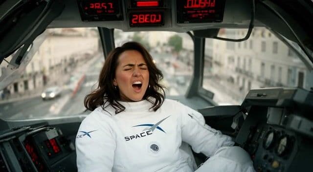 The camera slowly zooms in on the cockpit as warning lights flicker, Pamela notices the malfunction and reacts with surprise, ambient sounds of engine failing and distant traffic, suggested duration 6 seconds.