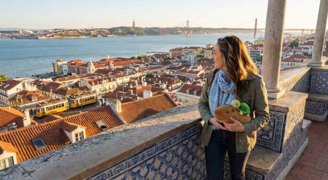 The camera slowly pans from the cityscape to Pam as she turns her head and notices something, saying 'What's that over there?', with ambient sounds of distant seagulls and city bustle, light upbeat music cue starting, and Cappy appearing in the frame; Pam walks a few steps forward.