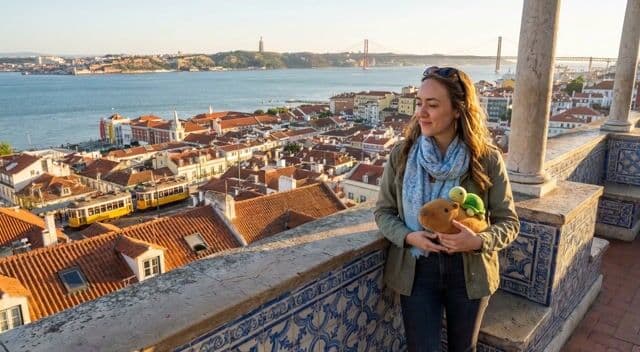 The camera slowly pans around Pam as she looks at the beautiful city