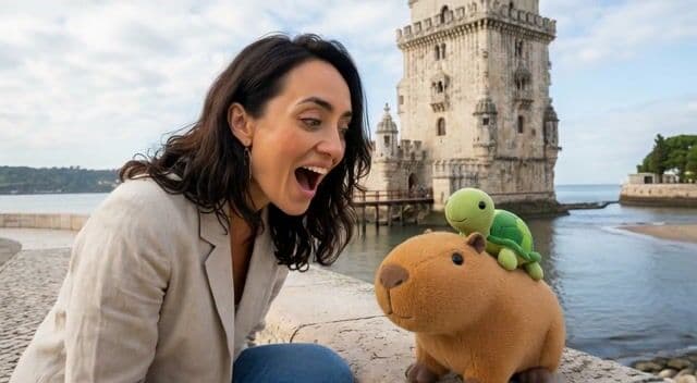 The camera zooms in on Pam's face then tilts down to Cappy, as Pam exclaims 'Oh, it's you again, Cappy!', with a gentle sound effect of wind rustling through trees and faint tourist chatter, accompanied by whimsical music cue building, and Pam leaning closer to examine Cappy.