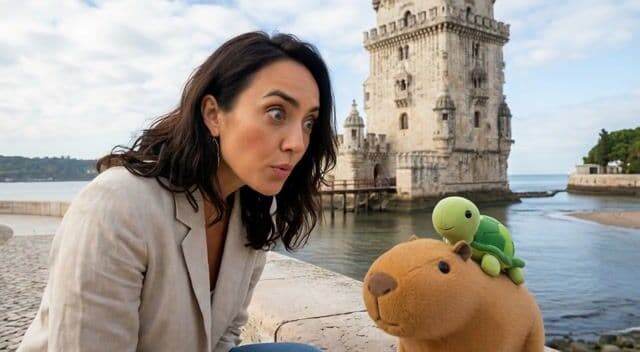 The camera zooms in on Pam's face then tilts down to Cappy, as Pam exclaims 'Oh, it's you again, Cappy!', with a gentle sound effect of wind rustling through trees and faint tourist chatter, accompanied by whimsical music cue building, and Pam leaning closer to examine Cappy.