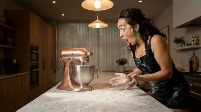 The camera tilts down to the stand mixer as it starts overflowing, Pamela reacts by stepping back quickly and exclaiming 'Oh no!' with a panicked voice, the sound of spilling flour and a sudden clatter, music shifting to a tense and chaotic tone.