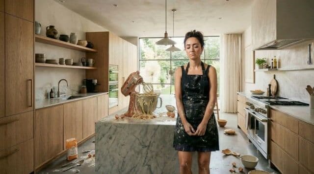 The camera pans around the chaotic kitchen as Pamela mutters 'Everything's going wrong!' with an exasperated voice, sounds of clattering utensils and messy spills, dramatic music swelling to emphasize the madness.