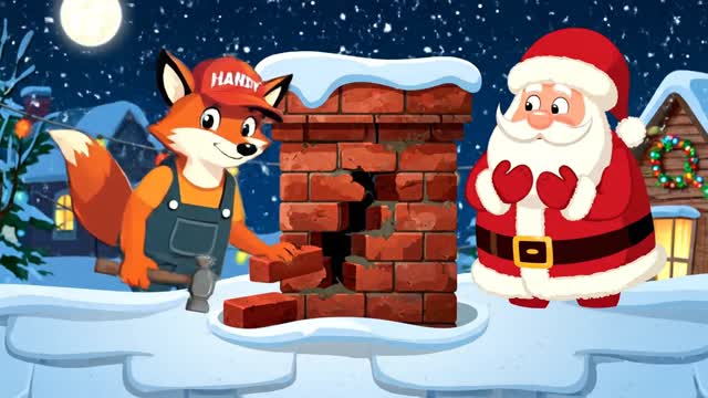 Create a video using the information in the picture I am uploading Handy the Fox saves Christmas by fixing a chimney for Santa to slide down 