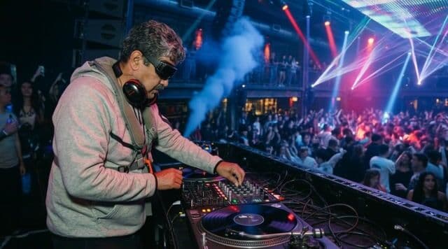 Camera slowly zooms in on maduro as he spins the turntables, his hands moving rhythmically on the records, EDM music blaring with heavy bass, suggested duration 6 seconds.