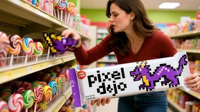 A realistic scene of a woman in a candy store frantically searching to find the last pixel dojo candy bar. once she finds it she exclaims, "gotta have that pixel dojo candy". the candy features a pixelated purple dragon with the text "pixel dojo" on the wrapper.