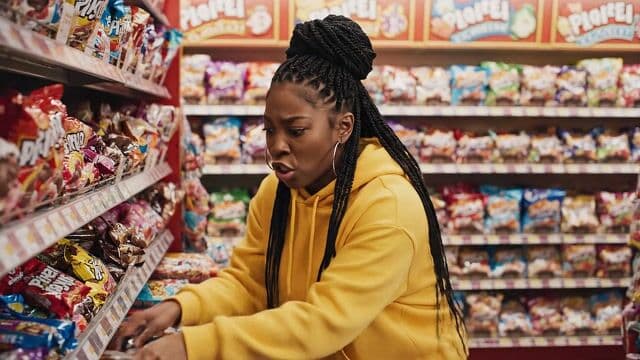 A realistic scene of a woman in a candy store frantically searching to find the last pixel dojo candy bar. once she finds it she exclaims, "gotta have that pixel dojo candy". the candy features a pixelated purple dragon with the text "pixel dojo" on the wrapper.