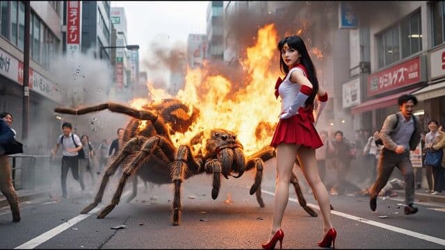 Camera zooms in on the monster as it collapses and disintegrates, Mars watching with a steady gaze, accompanied by crackling fire sounds and fading screams, no dialog, with music cues shifting to a momentary relief in the panic, suggested duration: 6 seconds.