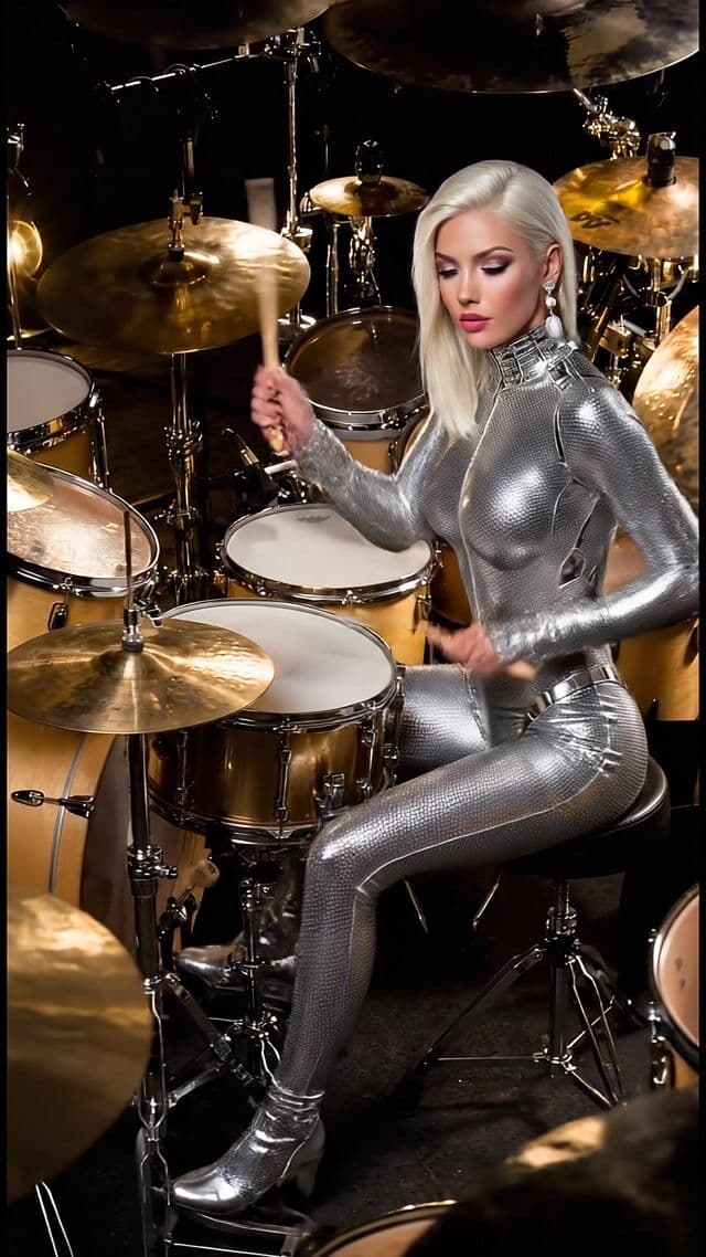 A glamorous blonde woman in a shiny metallic silver bodysuit and boots sits poised on her drum stool amid a golden drum kit of brass toms and cymbals, captured in a dramatic low-angle medium shot with warm golden spotlights casting deep shadows and high contrast. The camera steadily dollies in from the side as she launches into an energetic Jazz Fusion drumming performance, her arms pumping rhythmically with drumsticks striking snares, toms, and shimmering cymbals in intricate, syncopated grooves, her body swaying dynamically. Foreground cymbals vibrate intensely while background drums pulse subtly at varying depths, culminating in a sustained fusion solo under the intense, cinematic glow.