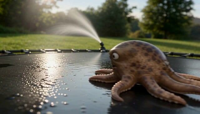 === Scene ===

Description: An octopus somehow ends up in a suburban backyard and slithers onto a trampoline, its tentacles spreading out in all directions. It tries to bounce — clumsily, with suction cups sticking briefly to the surface before releasing. The movement is weirdly graceful and hilarious. A sprinkler gently sprays in the background, mist catching the sunlight.
Tone: {"palette":"Greens, hose-wet trampoline black, soft blues from the sprinkler mist — all slightly desaturated and sun-faded","mood":"Delightful, bizarre, real — the kind of thing you'd rewind 3 times saying ‘What the hell did I just watch?’"}, {"enhancers":["realistic octopus tentacle movement and skin texture","suction cup interaction with trampoline surface","moisture glistening in the sunlight on skin and trampoline fabric","gentle spray from backyard sprinkler casting water particles through sunbeams","accurate trampoline dip and vibration from tentacle pressure"]}, cartoon octopus, dry skin, floating bounce, fake trampoline motion, stylized environment, underwater lighting

=== Shot ===

Composition: Fixed mid-wide angle from the side of the trampoline at ground level, like a security cam or home video. Slight lens compression and sun flare in the top corner. Shallow depth of field on the octopus motion.
Camera Motion: The octopus slowly inches forward, then flops its body upward in a half-bounce, followed by tentacles flailing slightly in mid-air before landing in a wet slurp. It pauses, blinks (somehow), then tries again — determined but confused.