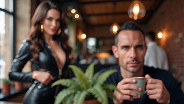 character3 is talking to character2 using the voice of character1 in a cozy cafe in Lisbon