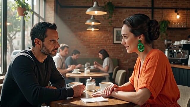 character3 is talking to character2 using the voice of character1 in a cozy cafe in Lisbon