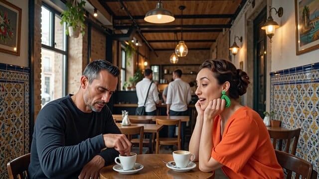 character3 is talking to character2 using the voice of character1 in a cozy cafe in Lisbon. character3 says she really loves capybaras, nd character2 says, that's really weird but I like you