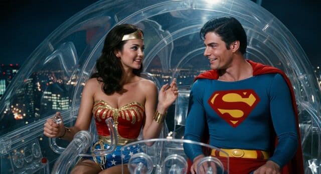 In a medium close-up two-shot framed within a glowing transparent dome overlooking a twinkling nighttime city skyline, Wonder Woman in her iconic red, gold, and blue starred costume with tiara, bracelets, and flowing dark hair sits facing Superman in his blue suit, red cape, yellow belt, and S emblem, both smiling intimately as she holds her lasso and gestures with one hand. The camera steadily dollies in from the initial pose while Wonder Woman talks animatedly with subtle lip movements and expressive hand waves, Superman leans in attentively with a nodding smile, foreground dome panels shifting slowly against the receding city lights for depth. Dramatic city glow and dome highlights illuminate their heroic features in vibrant 1970s cinematic live-action style, settling into their engaged conversation.