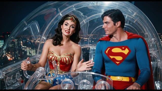 In a glowing transparent dome overlooking a twinkling nighttime city skyline, Wonder Woman in her iconic red-and-gold bustier with starry blue bottoms and golden tiara leans forward animatedly toward Superman in his blue suit emblazoned with the red S emblem and flowing cape, her dark wavy hair framing her warm smile as she gestures emphatically with her bracelet-adorned hand while seated closely beside him on the curved edge. Wonder Woman says: The Amazons forged their strength in secrecy to guard humanity's future, their voices echoing softly amid the distant city hum and faint wind rustle against the dome; Superman nods attentively, his chiseled features lit by golden highlights from the urban glow filtering through the curved panels. A 35mm lens in medium two-shot steadily dollies in with subtle parallax as foreground dome struts shift slowly against the receding starry backdrop, preserving the vibrant 1970s cinematic color grade of deep blues, fiery reds, and neon city accents under soft diffused night lighting.