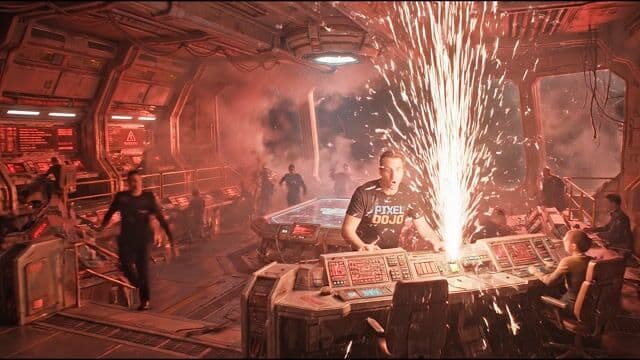 Camera pushes in quickly toward Brian. Red emergency lights flash rapidly. Sparks erupt violently from the console. Brian frantically types on the keyboard and yells, 'I hit the wrong button! The core is overloading!' Loud alarm sirens blare over intense sci-fi action music.