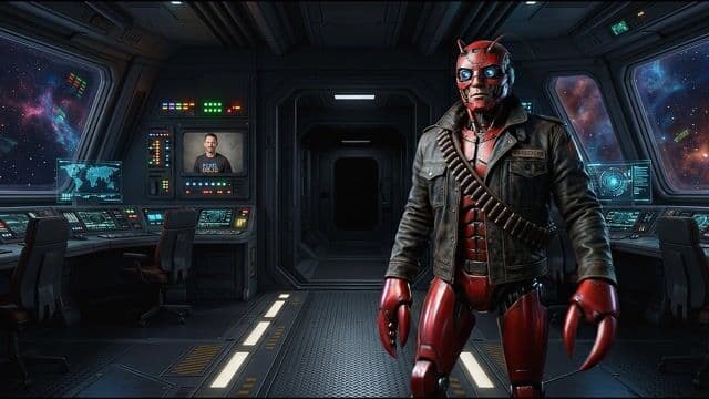 Camera pans up from the floor to Claws's face. Heavy mechanical footsteps clank loudly. Claws raises a mechanical pincer and speaks in a calm, digitized robotic voice: 'Do not panic, Brian. I am overriding the mainframe.' A heroic orchestral swell plays.