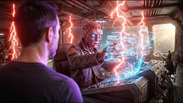 Camera slowly dollies to the right. Claws rapidly manipulates the holographic controls with his pincers, a blur of mechanical precision. The flashing red alarm lights smoothly transition to a calming, steady blue. Digital processing sounds chime, followed by a deep power-down hum.