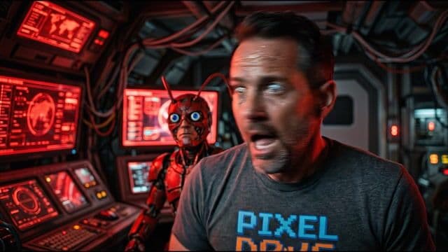 Camera tilts up slightly and shakes. Brian whips his head over his shoulder, looking toward the door, and shouts, 'Claws! I need you, buddy!' A heavy bass drone rumbles alongside frantic synth music.