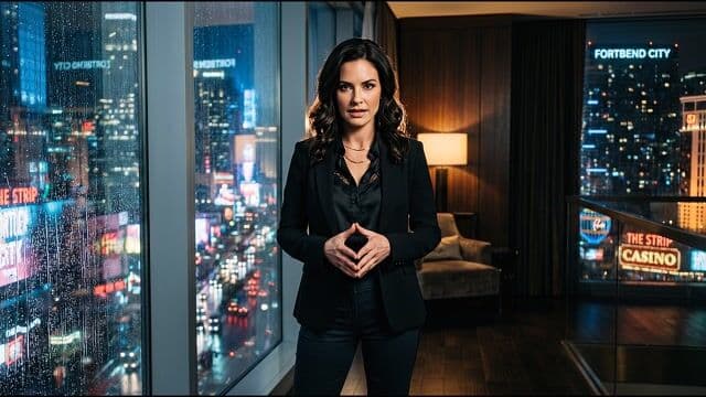 Camera steady with faint zoom, Skylar Fox gestures emphatically then speaks in sexy voice "Three men. They know my past. And they know my son.", intense eye contact off-camera, building tension in music, persistent rain SFX.