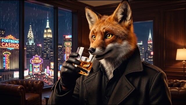 Quick cut, slight camera tilt up from glass, Handy swirls scotch gently then speaks in American voice "My specialty.", subtle nod, glass clink SFX, rain continues, music pulses tensely.