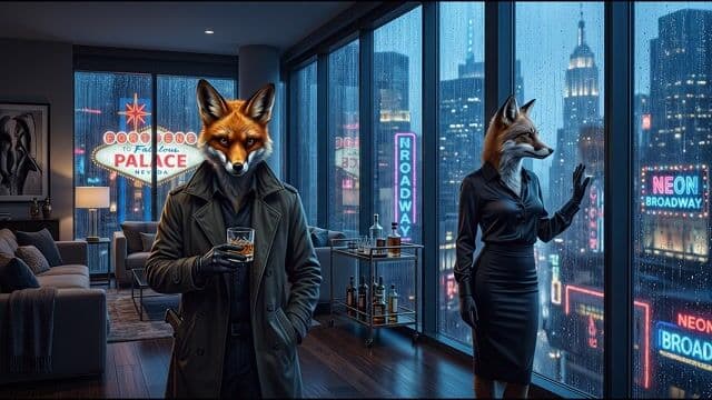 Slow dolly zoom from wide to medium two-shot, heavy rain hammering glass SFX, distant city hum and thunder rumbles, subtle noir jazz music fades in, no dialog.