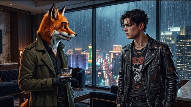 Camera slow pan from Handy to Skylar Fox, Handy raises eyebrow and speaks in American voice "The gang leader?", cut to Skylar Fox who responds in sexy voice "Jesse Wolf. He thinks I abandoned him. He wants me dead.", her expression darkens, thunderclap SFX, music crescendos dramatically.