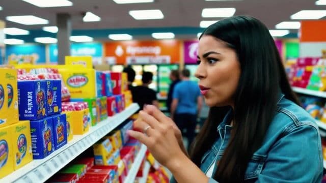 A realistic scene of a woman in a candy store frantically searching to find the last pixel dojo candy bar. once she finds it she exclaims, "gotta have that pixel dojo candy". the candy features a pixelated purple dragon with the text "pixel dojo" on the wrapper.