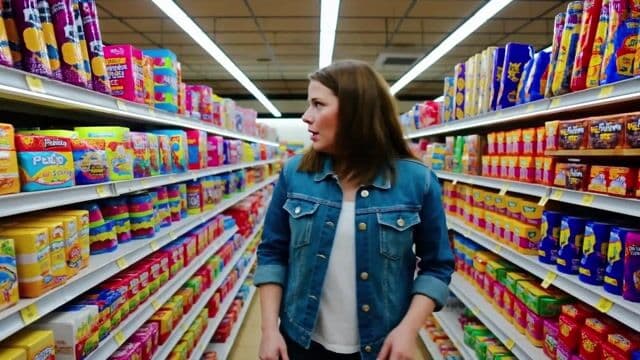 A realistic scene of a woman in a candy store frantically searching to find the last pixel dojo candy bar. once she finds it she exclaims, "gotta have that pixel dojo candy". the candy features a pixelated purple dragon with the text "pixel dojo" on the wrapper.