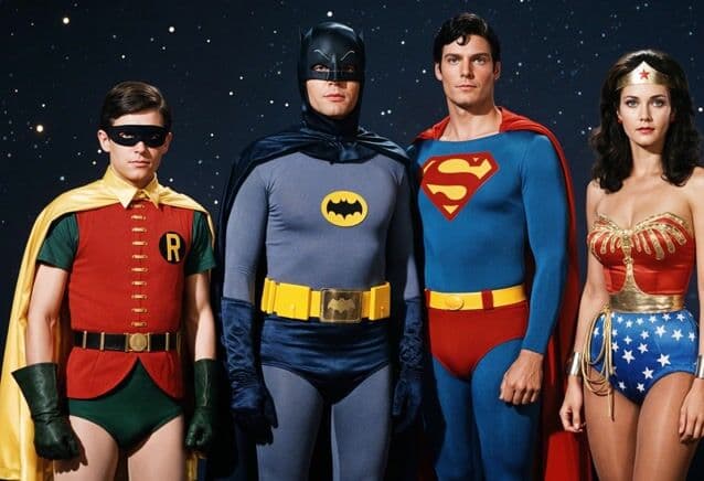 A wide-angle group shot of Robin in red-and-green tunic with cape, Batman in gray batsuit and flowing cape, Superman in blue suit with red cape, and Wonder Woman in star-spangled bustier and skirt, all standing heroically side-by-side against a starry black space backdrop, dramatically lit by spotlights casting heroic shadows. The camera steadily dollies in closer as the heroes strike confident poses for the camera, flexing subtly with capes rippling gently in the cosmic wind while their expressions beam with determination. In the background, distant stars twinkle slowly at half-speed, enhancing depth as the framing settles on their iconic full-body stances in vibrant retro superhero style.