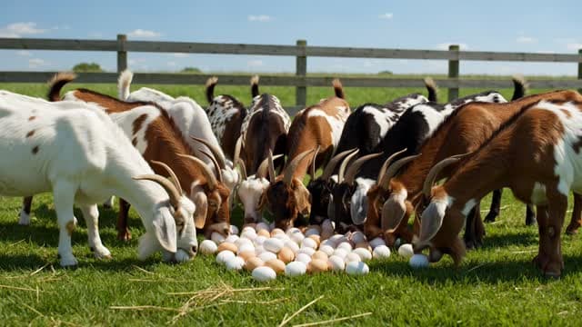 A bunch of goats eating eggs