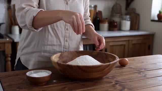 The main subject enters the frame, first sprinkles salt lightly into the flour and then stirs it evenly by hand, then pours in an appropriate amount of water, cracks an egg into it, and starts kneading the dough.