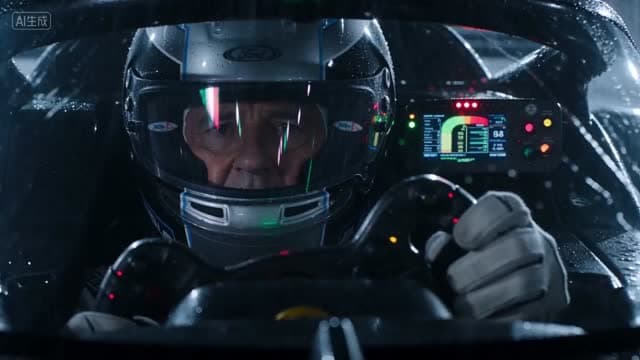 Style: Hollywood Professional Racing Movie (Le Mans Style), Cinematic Night, Rain, High Stakes Sport.
Duration: 15s.

[00-05s] Shot 1: The Veteran (Interior/Close-up).
Rain lashes the windshield of a high-tech race car on a track. The Veteran driver (in helmet) looks over, calm and focused. Dashboard lights reflect on his visor.
Dialogue Cue: He gives a subtle nod and mouths "Let's go."

[05-10s] Shot 2: The Challenger (Interior/Close-up).
Cut to the rival car next to him. The younger driver grips the wheel tight, breathing heavily. Eyes wide with adrenaline.
Dialogue Cue: He whispers "Focus" to himself.

[10-15s] Shot 3: The Green Light (Wide Action).
The starting lights turn Green. Both cars accelerate in perfect sync on the wet asphalt. Water sprays massively into the camera lens. Motion blur turns the stadium lights into long streaks of color.