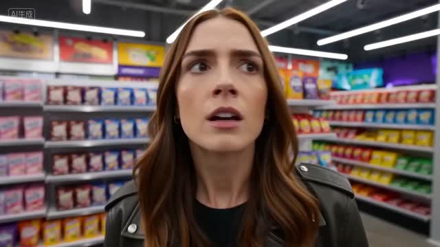 a thrilling action sequence of a woman trying to find her favorite candy in a candy store. The candy wrapper is purple with a pixelated dragon and reads "Pixel Dojo". The woman says "Gotta have that pixel dojo candy. with over 60 ai tools, it's basically zero calories."