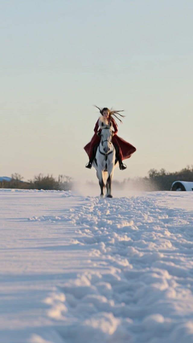 A single continuous cinematic shot of a powerful white horse galloping directly toward the camera through a snowy field. The rider in a deep red embroidered dress leans forward naturally with the rhythm of the gallop. Her long braided hair moves with realistic weight and physics, following the motion of acceleration and wind direction, not floating independently. The braids swing backward with grounded momentum, reacting to speed and head movement. Light handheld camera shake adds raw intensity as the horse charges forward. Snow sprays violently from the hooves and flies directly into the lens, briefly hitting and partially obscuring the frame. The camera remains low and centered, creating a dramatic head-on impact feeling. As the horse passes extremely close to the lens, fabric and snow create a dynamic near-contact motion blur. Sharp focus on the rider’s face before passing, natural motion blur on foreground snow, realistic physics, grounded hair movement, cinematic epic energy.
