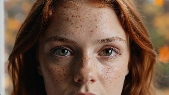 Character Close-Up — copper hair, half-smile, autumn leaf