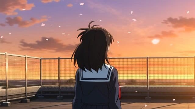 [Happy Horse Guide] Anime Rooftop — schoolgirl at sunset, cel-shaded