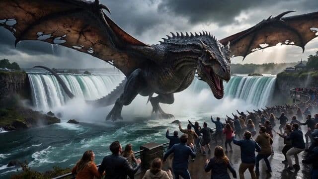 monster takes a bite of people.  chews them up, then flies away.