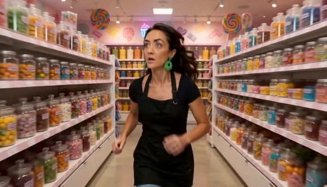 the woman [Image1] [Image2] [Image3] [Image4] is frantically running through a candy store in search of something. While running she says "With over 100 A.I Image and A.I Video tools, and new updates daily, Pixel Dojo is the only subscription you need." Just as she is finishing she finds a purple candy bar with a purple dragon logo [Image5] that reads Pixel Dojo. 