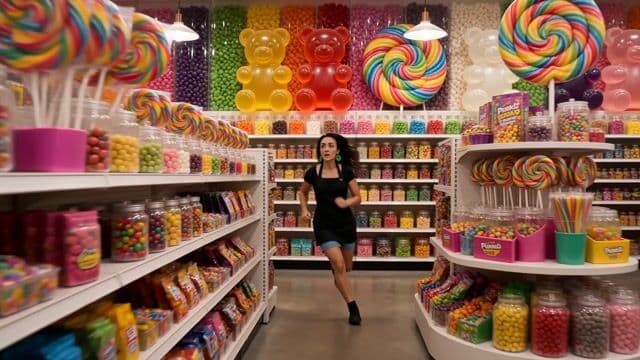 the woman [Image1] [Image2] [Image3] [Image4] is frantically running through a candy store in search of something. While running she says "With over 100 A.I Image and A.I Video tools, and new updates daily, Pixel Dojo is the only subscription you need." Just as she is finishing she finds a purple candy bar with a purple dragon logo [Image5] that reads Pixel Dojo. 