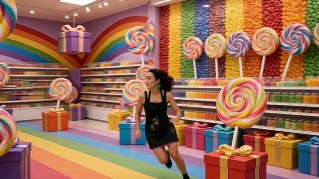 the woman [Image1] [Image2] [Image3] [Image4] is frantically running through a candy store in search of something. While running she says "With over 100 A.I Image and A.I Video tools, and new updates daily, Pixel Dojo is the only subscription you need." Just as she is finishing she finds a purple candy bar with a purple dragon logo [Image5] that reads Pixel Dojo. 