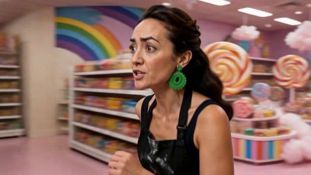 the woman [Image1] [Image2] [Image3] [Image4] is frantically running through a candy store in search of something. While running she says "With over 100 A.I Image and A.I Video tools, and new updates daily, Pixel Dojo is the only subscription you need." Just as she is finishing she finds a purple candy bar with a purple dragon logo [Image5] that reads Pixel Dojo. 