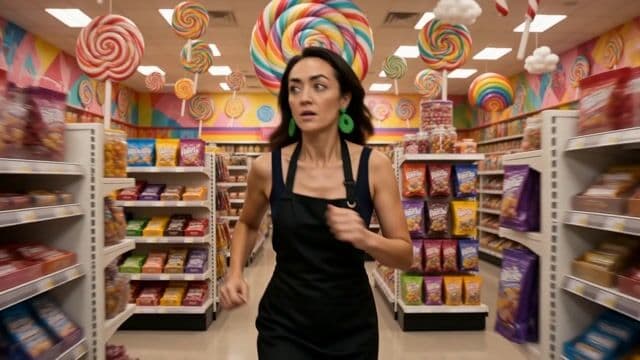 the woman [Image1] [Image2] [Image3] [Image4] is frantically running through a candy store in search of something. While running she says "With over 100 A.I Image and A.I Video tools, and new updates daily, Pixel Dojo is the only subscription you need." Just as she is finishing she finds a purple candy bar with a purple dragon logo [Image5] that reads Pixel Dojo. 