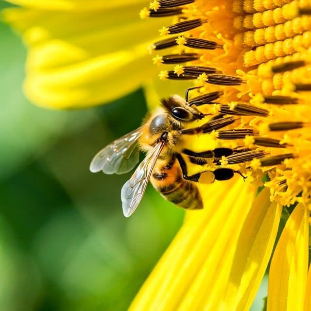 the bee's wings flutter as it works the sunflower, petals trembling softly, gentle bokeh shimmer